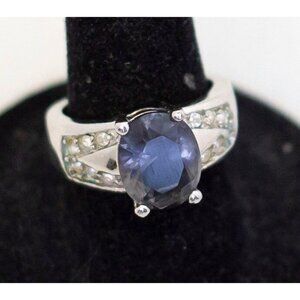 Size 7, Vintage Art Deco Blue Oval Faux Diamond Silver Tone Ring - A23